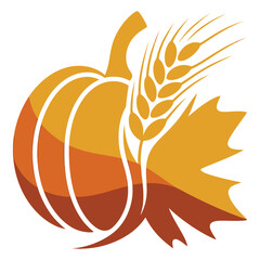 Thanksgiving harvest with pumpkin, wheat, and maple leaf, a symbol of autumn and the fall season isolated on white background