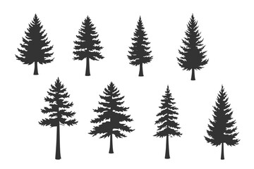 Editable pine trees silhouette vector pack showing diverse conifer forest shapes for nature backgrounds landscape artwork outdoor adventure graphics and environmental design project.