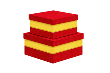 Red and yellow square gift box with textured surface, stacked, isolated on transparent background, festive and cheerful, suitable for celebration, present, or holiday packaging