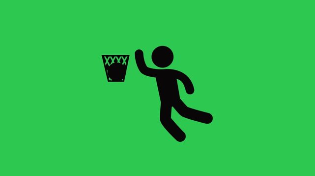 A stick figure soaring to score a game winning slam dunk with the ball falling through the net all on a vivid green