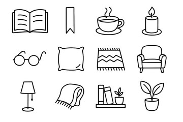 Candle reading rug tea book vector open armchair essentials plant icon icons