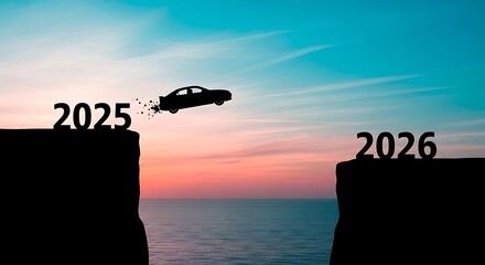 Car jumping cliff from 2025 to 2026 at sunset image