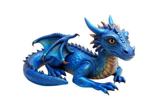 Blue fantasy dragon with golden horns and detailed scales, isolated on a transparent background