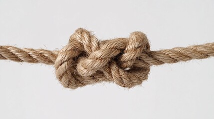 Close-up of a sturdy brown rope tied in a secure knot on white background