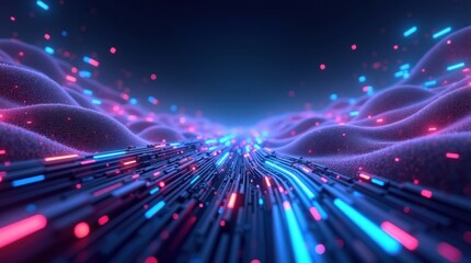Fototapeta premium Abstract neon lights flowing through futuristic digital landscape