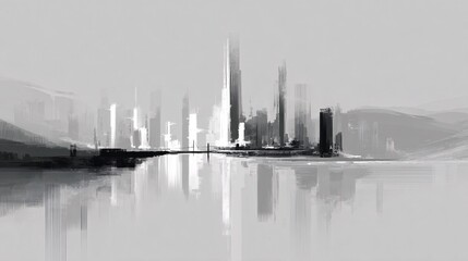 Abstract monochrome cityscape with skyscrapers reflected on water