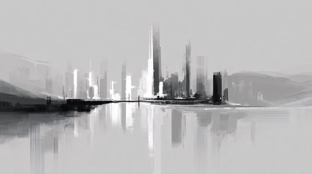 Abstract monochrome cityscape with skyscrapers reflected on water