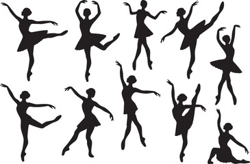Vector collection of silhouettes of balet dancers each isolated on white