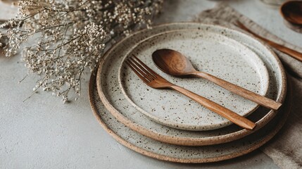 Rustic ceramic plates and wooden spoons with dried flowers on table