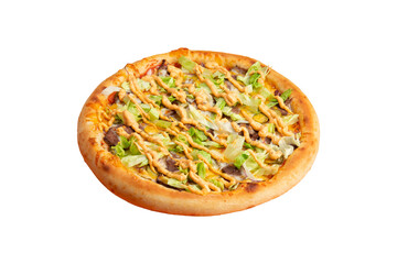 Pizza with meat and salad. Transparent.