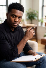 Obraz premium Serious African American HR Manager Holding Pen And Clipboard Listening To Candidate During Job Interview