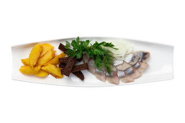 Salted herring, potatoes and rye croutons on a plate. Transparent.