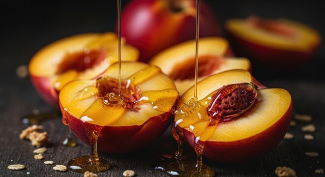Nectarines being poured with honey on a dark background.