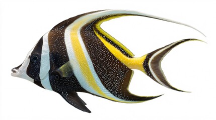 Close-up of colorful tropical Moorish idol fish swimming on white background