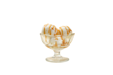 Three scoops of ice cream with syrup. Clear.