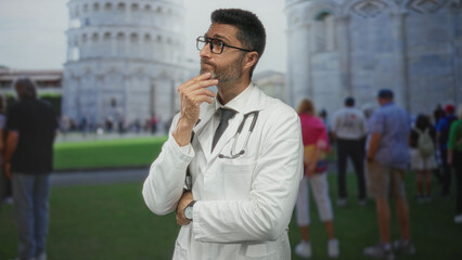 Man doctor in white coat with stethoscope hand on chin gesture at pisa tower building in crowded...
