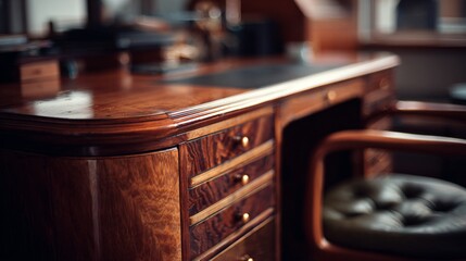 Close-up of vintage wooden desk with leather chair in cozy office