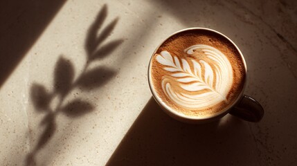 Close-up of Latte Art Coffee Cup with Plant Shadow on Table