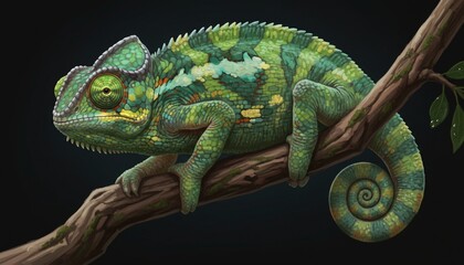 Obraz premium Veiled Chameleon Resting on Branch Detailed Digital Illustration