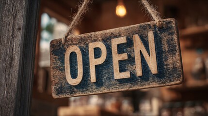Rustic wooden open sign hanging in cozy shop entrance with blurred background