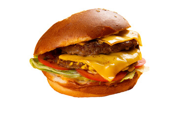 A delicious burger with cheese, lettuce, and tomatoes. Transparent.