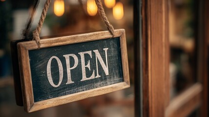 Rustic wooden open sign hanging in warm ambient light