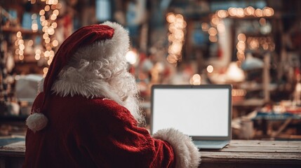 Santa Claus Using Laptop in Festive Outdoor Market with Christmas Lights