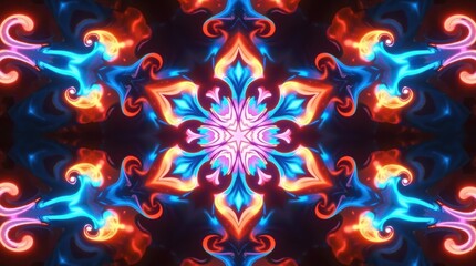Vibrant abstract kaleidoscope pattern with neon lights and swirls