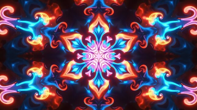 Vibrant abstract kaleidoscope pattern with neon lights and swirls
