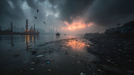 Polluted river with a boat in the middle. The sky is dark and cloudy. The birds are flying in the sky