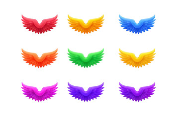 Fototapeta premium Colorful wing icon set featuring nine pairs of stylized wings in red yellow blue orange green gold pink violet and purple isolated on transparent background fantasy and vibrant style
