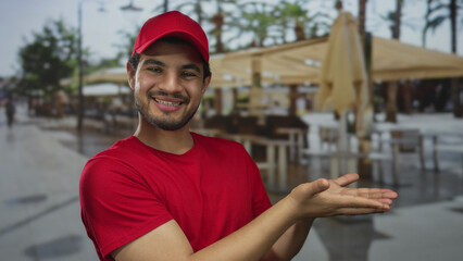 Man in red shirt and cap presenting empty palms on sunlit busy city street; friendly hospitality service.