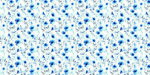 Seamless watercolor blue floral pattern with natural leaf motif