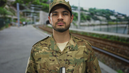 Young hispanic soldier stands at a railway station platform with camouflage uniform and visible dog...