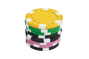 Stack of colorful casino chips including yellow green black and pink isolated on transparency background symbolizing gambling luck and excitement in gaming environments
