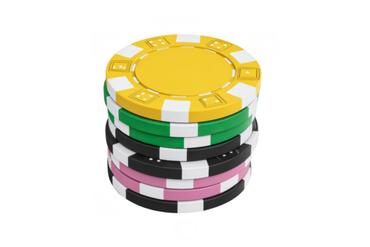 Stack of colorful casino chips including yellow green black and pink isolated on transparency background symbolizing gambling luck and excitement in gaming environments