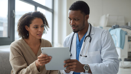 Caring healthcare provider explains vital medical information to an attentive patient on a digital tablet during a detailed consultation