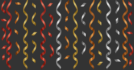 Falling confetti and hanging curly streamers in festive metallic colors pattern, red, gold, silver, and brown, set against a dark, elegant background. 