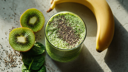 Green smoothie in a glass with chia seeds, surrounded by kiwi, banana, and fresh spinach on a bright surface.