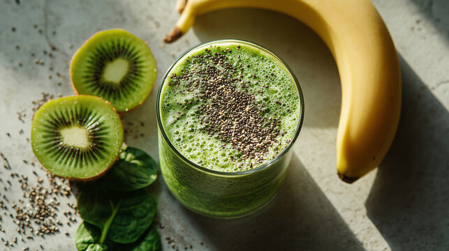 Green smoothie in a glass with chia seeds, surrounded by kiwi, banana, and fresh spinach on a bright surface.