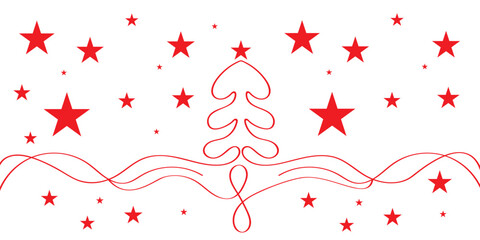 Minimalist Red Christmas Tree and Star Pattern in Continuous Line Art Style on a White Background