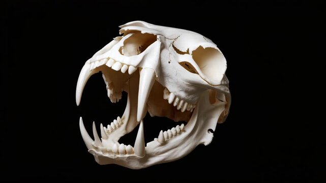 Big cat skull with open jaws displaying sharp fangs and intricate bone detail