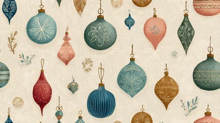 Hand-drawn vintage Christmas background design featuring classic holiday ornaments, evergreen foliage, snowflakes and decorative ribbons in a warm nostalgic style seamless pattern with floral elements
