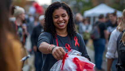 A smiling young woman volunteer distributing red ribbons to raise awareness for HIV and AIDS at a community event