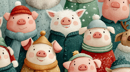 Seamless pattern with cute pigs. Funny cartoon piglet characters. Happy New Year. Chinese symbol of the 2019 year. Isolated elements on white background. Watercolor illustration.