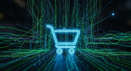 Shopping cart icon with digital binary code background, online shopping and ecommerce concept, technology