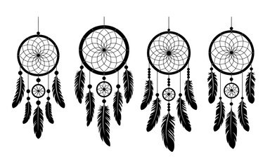 Fototapeta premium Collection of four black dreamcatchers with feathers and beads