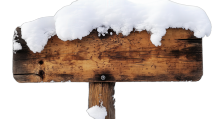 Wooden signboard covered with snow in a winter scene