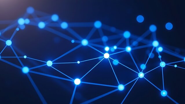 Abstract digital network visualization with glowing blue nodes and flowing connections on dark background.