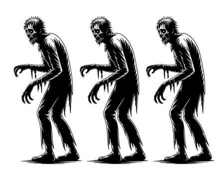 Three silhouette zombies walking forward in black and white